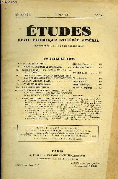 Etudes tome 200 n 14 - Ou vont les jeunes ? par Mgr de la Serre, La joyeuse amertume de Courteline par Alphonse de Parvillez, Echos de Rome, les plerinages et la vie intellectuelle par Adhmar d'Als, Autour du premier congrs catholique international