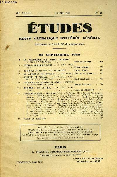 Etudes tome 200 n 18 - La psychologie des masses ouvrires par Henri du Passage, Notre Dame des bateliers par Pierre Lhande, Pourquoi je ne suis pas occultiste par Lucien Roure, Le concordat de Roumanie par Yves de la Brire