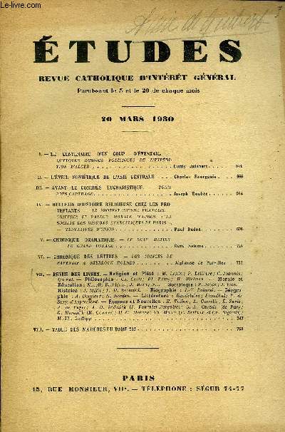 Etudes tome 202 n 6 - Le centenaire d'un coup d'ventail par Louis Jalabert, L'veil sovitique de l'Asie centrale par Charles Bourgeois, Avant le congrs eucharistique par Joseph Boube, Bulletin d'histoire religieuse chez les protestants par Paul Dudon