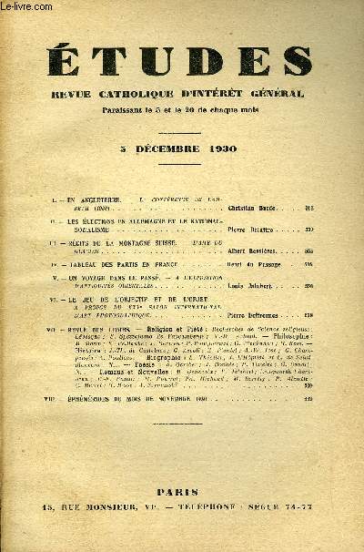 Etudes tome 205 n 23 - En Angleterre, la confrence de Lambeth par Christian Burdo, Les lections en Allemagne et le national-sozialisme par Pierre Delattre, Rcits de la montagne suisse par Albert Bessires