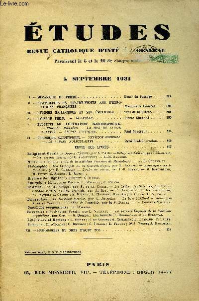 Etudes tome 208 n 17 - Mcanique et prire par Henri du Passage, Psychologie de quatre vingts ans d'expositions franaises par Marguerite Bourcet, L'empire britannique et son volution par Yves de la Brire, L'oiseau perdu par Pierre Simond