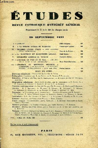 Etudes tome 208 n 18 - L'enfant par Flix Soignon, A la semaine sociale de Mulhouse par Francisque Galtier, Toujours l'cole unique, vers l'accord entre catholiques par Yves de la Brire, La marguerite des marguerites (1492-1549) par Paul Dudon