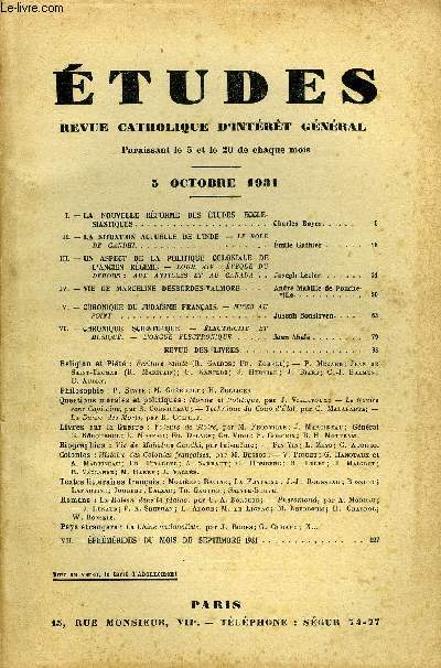 Etudes tome 209 n 19 - La nouvelle rforme des tudes ecclsiastiques par Charles Boyer, La situation actuelle de l'Inde, le role de Gandhi par Emile Gathier, Un aspect de la politique coloniale de l'ancien rgime, Louis XIV vque du dehors aux antilles