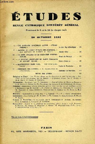 Etudes tome 209 n 20 - Une campagne sovitique contre l'galitarisme par S. Exc. Mgr d'Herbigny, Baptme de l'esprit et banc des pnitents, aux meetings de l'arme du salut par Joseph Huby, La crise anglaise et le socialisme d'outre manche par Henri