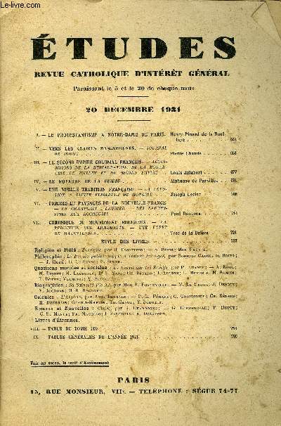 Etudes tome 209 n 24 - Le protestantisme a Notre Dame de Paris par Henry Pinard de la Boullaye, Vers les claires mascareignes par Pierre Lhande, Le second empire colonial franais par Louis Jalabert, Le royaume de la femme par Alphonse de Parvillez
