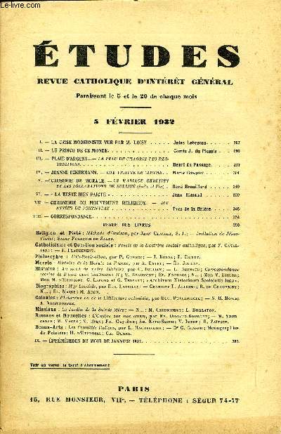 Etudes tome 210 n 3 - La crise moderniste vue par M. Loisy par Jules Lebreton, Le prince de ce monde par le comte J. du Plessis, Plaie d'argent, la peau de chagrin des restrictions par Henri du Passage, Jeanne Eckermann, une victime de Goethe par Marie