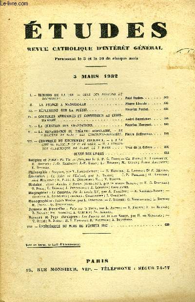 Etudes tome 210 n 5 - Tmoins de la foi, ceux des pontons de Rochefort par Paul Dudon, La France a Madagascar par Pierre Lhande, Rflexions sur la posie par Maurice Pontet, Coutumes africaines et conversion au christianisme par Andr Bonnichon