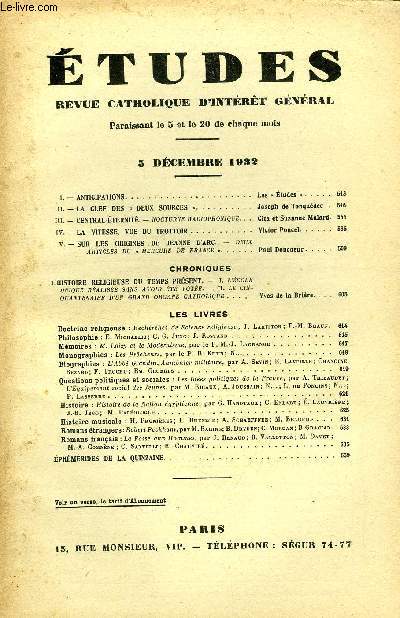 Etudes tome 213 n 23 - Anticipations, La clef des deux sources par Joseph de Tonqudec, Central-ternit par Cita et Suzanne Malard, La vitesse, vue du trottoir par Victor Poucel