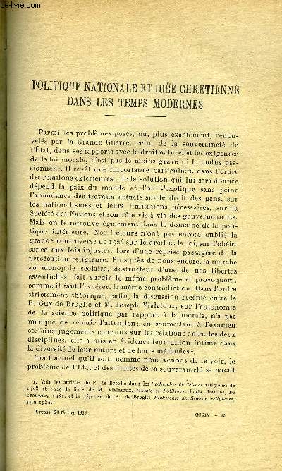 Etudes tome 214 n 4 - Politique nationale et ide chrtienne dans les temps modernes par Joseph Lecler, La trinit : Hitler, Papen, Hugenberg par Robert d'Harcourt, Lamennais en Italie par Paul Dudon