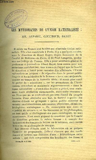 Etudes tome 215 n 8 - Les mythomanes de l'union rationaliste : MM. Alfaric, Couchoud, Bayet par Joseph Huby, La libert d'ducation et la famille par Henri David, Carence des clercs par Dr Antoine Beau