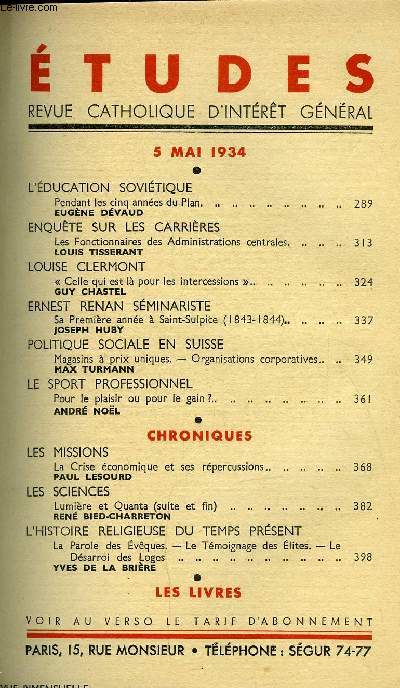 Etudes tome 219 n 9 - L'ducation sovitique, pendant les cinq annes du plan par Eugne Dvaud, Enqute sur les carrires, les fonctionnaires des administrations centrales par Louis Tisserant, Louise Clermont, celle qui est la pour les intercessions