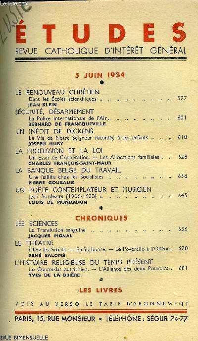 Etudes tome 219 n 11 - Le renouveau chrtien dans les coles scientifiques par Jean Klein, Scurit, dsarmement, la police internationale de l'air par Bernard de Francqueville, Un indit de Dickens, la Vie de Notre Seigneur raconte a ses enfants