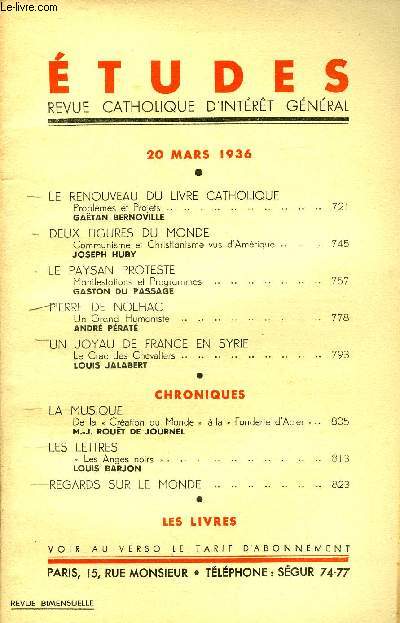 Etudes tome 226 n 6 - Le renouveau du livre catholique, problmes et projets par Gatan Bernoville, Deux figures du monde, communisme et christianisme vus d'Amrique par Joseph Huby, Le paysan proteste, manifestations et programmes par Gaston du Passage