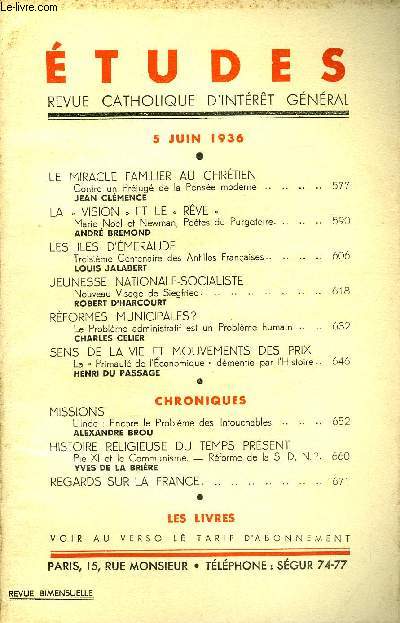 Etudes tome 227 n 11 - Le miracle familier au chrtien, contre un prjug de la pense moderne par Jean Clmence, La vision et le rve, Marie Nol et Newman, potes du purgatoire par Andr Bremond, Les iles d'meraude, troisime centenaire des antilles