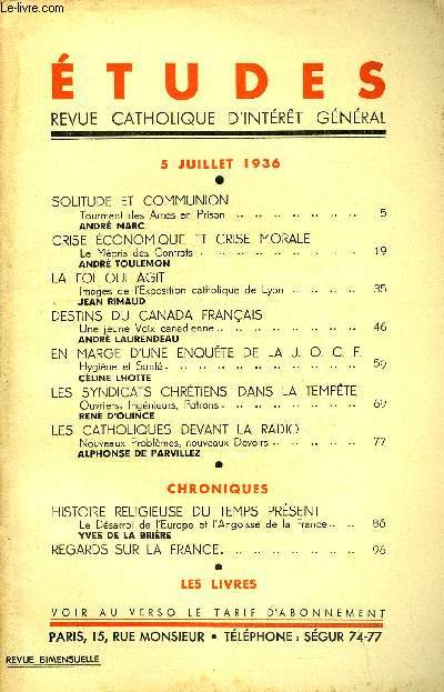 Etudes tome 228 n 13 - Solitude et communion, tourment des ames en prison par Andr Marc, Crise conomique et crise morale, le mpris des contrats par Andr Toulemon, La foi qui agit, images de l'exposition catholique de Lyon par Jean Rimaud