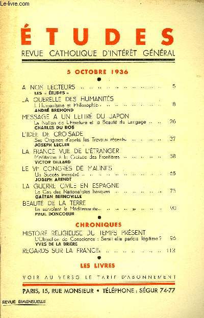 Etudes tome 229 n 19 - La querelle des humanits, humanisme et philosophie par Andr Bremond, Message a un lettr du Japon, la notion de littrature et la beaut du langage par Charles Du Bos