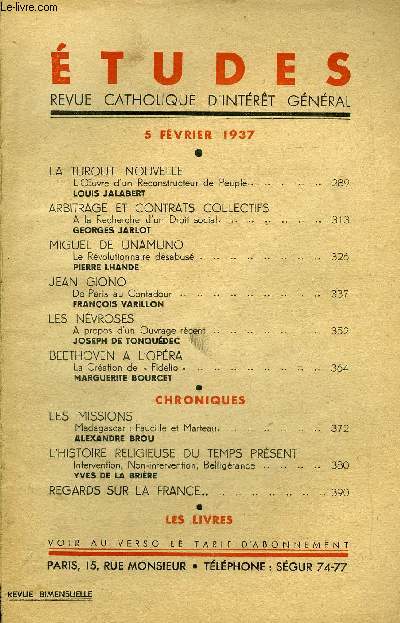 Etudes tome 230 n 3 - La Turquie nouvelle, l'oeuvre d'un reconstructeur de peuple par Louis Jalabert, Arbitrage et contrats collectifs, a la recherche d'un droit social par Georges Jarlot, Miguel de Unamuno, le rvolutionnaire dsabus par Pierre Lhande