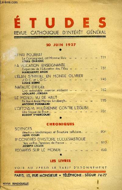 Etudes tome 231 n 12 - Henri Pourrat, le campagnard, cet homme libre par Louis Chaigne, La vocation enseignante, exigences de l'ducation des filles par Marguerite Aron, L'lan spirituel en monde ouvrier, J.O.C. et L.O.C. par Louis Berne