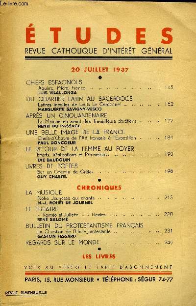 Etudes tome 232 n 14 - Chefs espagnols, Aguirre, Prieto, Franco par Luis Vilallonga, Du quartier latin au sacerdoce, lettres indites de Louis Le Cardonnel par Marguerite Savigny Vesco, Aprs un cinquantenaire, la marche en avant des travailleurs