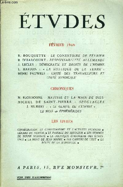 Etudes tome 248 n 2 - Le consistoire de fvrier par R. Rouquette, Responsabilit allemande par R. d'Harcourt, Dmocratie et droits de l'homme par J. Lecler, La mystique de la terre par L. Barjon,Unit des travailleurs et unit syndicale par Henri Pauwels