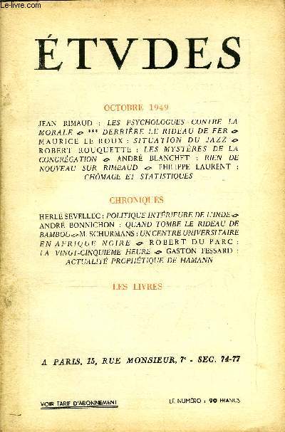 Etudes tome 263 n 9 - Les psychologues contre la morale par Jean Rimaud, Derrire le rideau de fer, Situation du jazz par Maurice Le Roux, Les mystres de la congrgation par Robert Rouquette, Rien de nouveau sur Rimbaud par Andr Blanchet