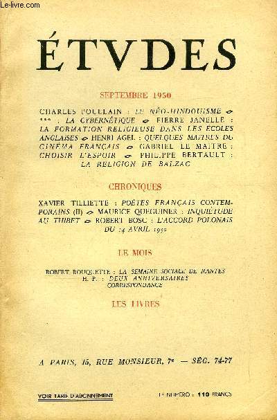 Etudes tome 267 n 9 - Le no-hindouisme par Charles Poullain, La cyberntique, La formation religieuse dans les coles anglaises par Pierre Janelle, Quelques maitres du cinma franais par Henri Agel, Choisir l'espoir par Gabriel le Maitre