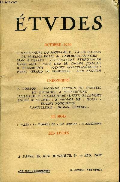 Etudes tome 267 n 10 - La loi d'Airain du mariage dotal au Cameroun franais par S. Marie Andr du Sacr coeur, Littrature ferroviaire par Jean Riverain, L'age d'or du cinma franais par Henri Agel, Voyages interplantaires ? par R. Richard Foy