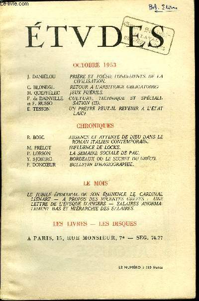 Etudes tome 279 n 9 - Prire et posie fondements de la civilisation par J. Danilou, Retour a l'arbitrage obligatoire ? par C. Blondel, Jeux purils par H. Quefflec, Culture, technique et spcialisation (II) par F. de Dainville et F. Russo