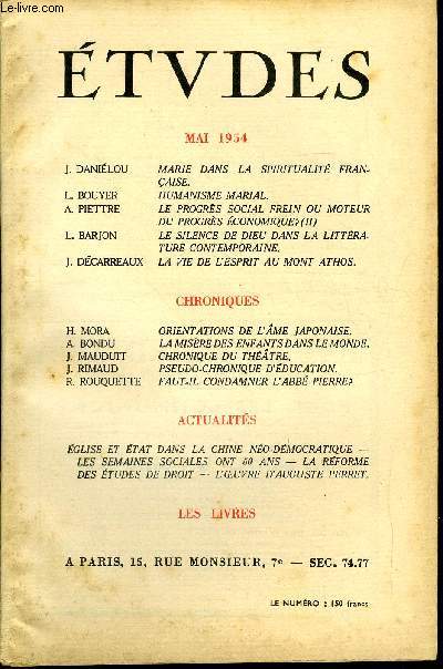 Etudes tome 281 n 5 - Marie dans la spiritualit franaise par J. Danilou, Humanisme marial par L. Bouyer, Le progrs social frein ou moteur du progrs conomique ? par A. Piettre, Le silence de Dieu dans la littrature contemporaine par L. Barjon