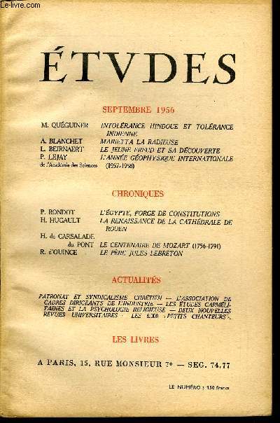 Etudes tome 290 n 8 - Intolrance hindoue et tolrance indienne par M. Quguiner, Marietta la radieuse par A. Blanchet, Le jeune Freud et sa dcouverte par L. Beirnaert, L'anne gophysique internationale (1957-1958) par P. Lejay