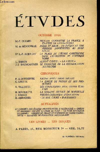 Etudes tome 291 n 9 - Peut-on connaitre la France a travers sa littrature ? par M.F. Guyard, Frre et soeur : un vque et une abbesse jansnistes au XVIIIe sicle paR M. de Hdouville, La place de l'cole chrtienne dans l'volution de l'Afrique noire