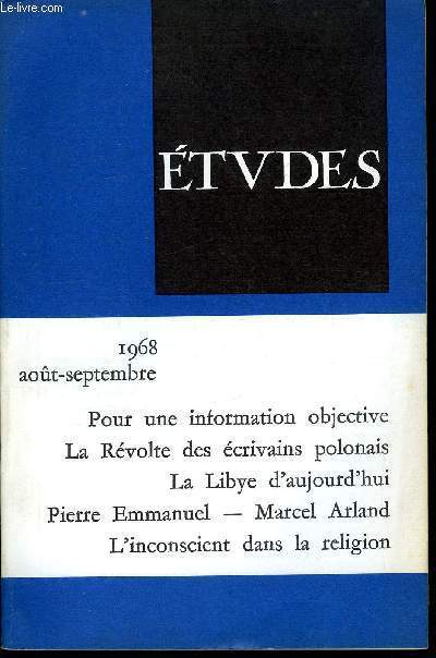 Etudes tome 329 n 8 - Vers un nouveau statut de l'O.R.T.F. ? par Michel Souchon, Pour une information objective par Franois Xavier Hutin, Chromosomes et criminalit par Joseph Vernet, La Libye d'aujourd'hui par Pierre Rondot, La rvolte des crivains