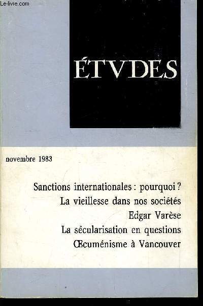 Etudes tome 359 n 11 - Les sanctions internationales entre le droit et la stratgie par Pierre Marie Dupuy, Peut-on sortir de la drogue ? par Claude Olievenstein, Vieillesse et dveloppement par Bernard Ronze, De la pluralit des mondes habits par Jules