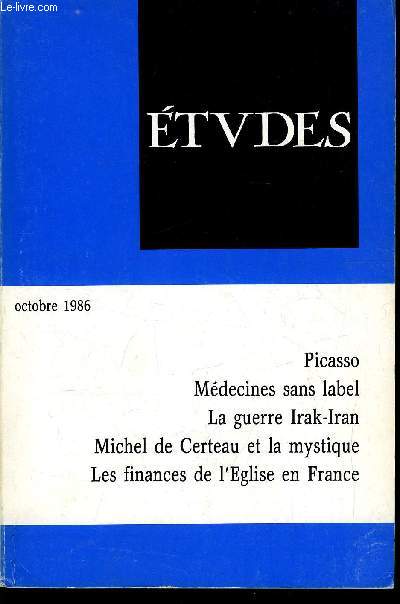 Etudes tome 365 n 10 - Irak-Iran, conflit de civilisations et enjeux stratgiques par Joseph Maila, De l'alternance a la cohabitation par Antoine de Tarl, La nbuleuse des autres mdecines, essai de cartographie par Franoise Bouchayer