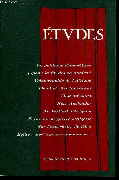 Etudes tome 379 n 10 - Japon : dynamique et servitude de la puissance financire par Claude Meyer, Japon : le temps des moindres certitudes par Valrie Niquet, Relations et tensions entre Japon et Etats Unis par Mohamed Chourak, La dmographie au sud