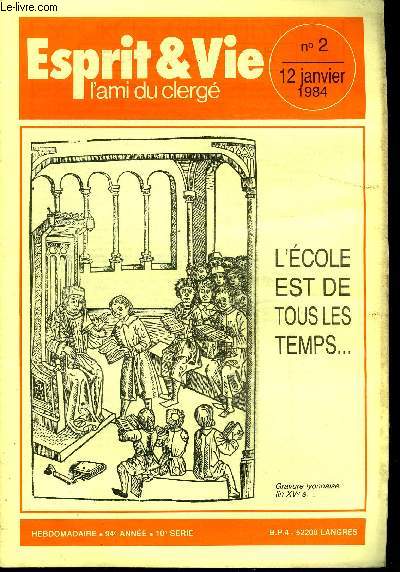 Esprit et vie - l'ami du clerg anne 1984 tome 94 incomplet - numro 1 manquant