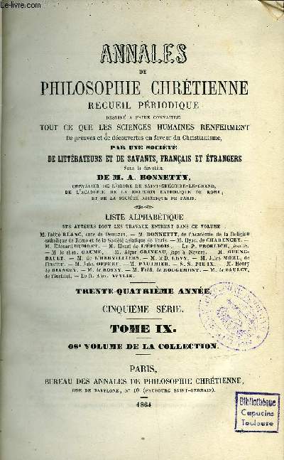 Annales de philosophie chrtienne en 16 tomes de 1864  1908 - incomplet
