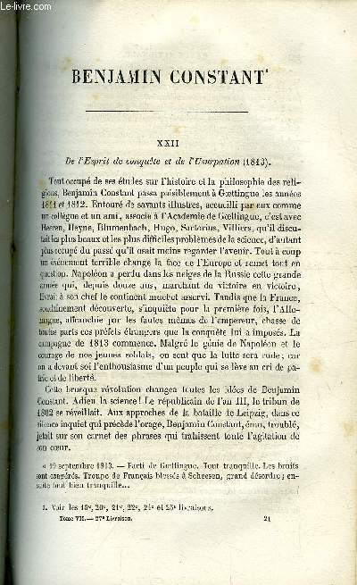 Revue nationale et trangre, politique, scientifique et littraire - tome VII - livraison n 27 - Benjamin Constant, XXII par Edouard Laboulaye, De l'esprit pimontais et de son ascendant sur la rvolution italienne, VIII par Daniel Stern, Le nouveau