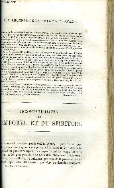 Revue nationale et trangre, politique, scientifique et littraire - tome IX - livraison n 36 - Incompatibilits du temporel et du spirituel par Eugne Vron, Ptouchkof par J. Tourgunef, Economistes franais et trangers, J.B. Say par Henri