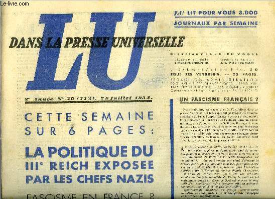 Lu dans la presse universelle n 112 - Le no-socialisme et la crise de l'tat franais, un document important, Le IIIe Reich s'organise, mesures contre les antihitleriens, Le Reich et les juifs par Aron Hermoni, Mort du fminisme en Allemagne, Les ides