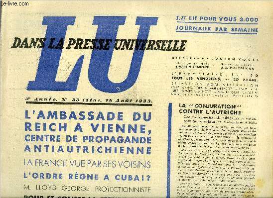 Lu dans la presse universelle n 115 - Politique en France, front unique et front commun par Bergery, La france vue par ses voisins, La France est prte a dsarmer si... par Robert Dell, Le sens du voyage de M. Herriot vu d'Allemagne, Le plan de campagne