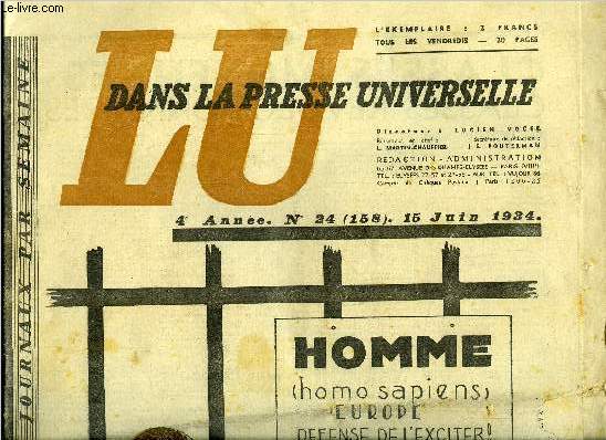 Lu dans la presse universelle n 158 - Classes moyennes, classes rvolutionnaires ?, En marge du 6 fvrier, le complot de la presse, Deux lettres de M. Paul Valry dont une apocryphe, L'accord des desaccords, Sur la bonne voie par Franklin D. Roosevelt