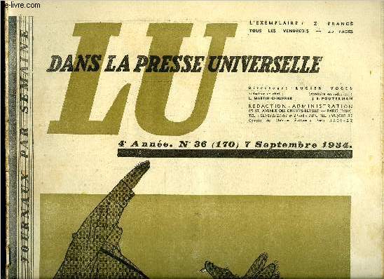 Lu dans la presse universelle n 170 - En extrme orient, la main de l'Allemagne en Mandchourie ou l'activisme de M. Rosenberg, Le communisme ronge le trone japonais, L'U.R.S.S. au seuil de la S.D.N., Vers un pacte de scurit dans le Proche Orient, Deux