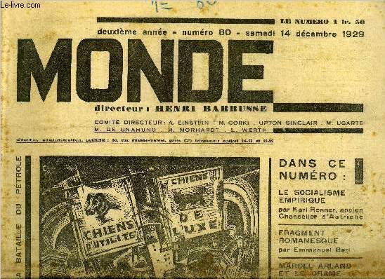 Monde n 80 - Marcel Arland et le drame d'une gnration par Augustin Habaru, Carnet par Lon Werth, Pouchkine par A.V. Lounatcharsky, Fragments romanesque par Emmanuel Berl, Au coeur d'une petite ville de flandre, Malines et ses peintures par Seuphor