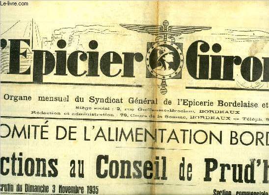 L'picier Girondin n 121 - Comit de l'alimentation bordelaise, elections au conseil de prud'hommes, Notre fte des rcompenses du dimanche 20 octobre 1935