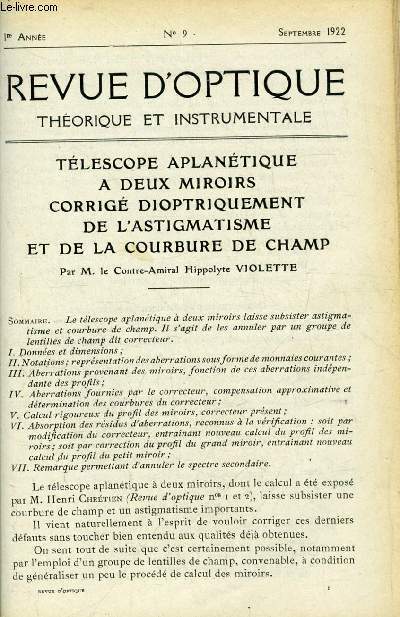 Revue d'optique thorique et instrumentale n 9 - Tlscope aplantique a deux miroires corrig dioptriquement de l'astigmatisme et de la courbure de champ par le contre amiral Hippolyte Violette