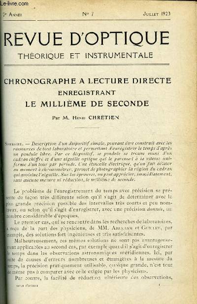 Revue d'optique théorique et instrumentale n° 7 - Chronographe a lecture dire... - Afbeelding 1 van 1