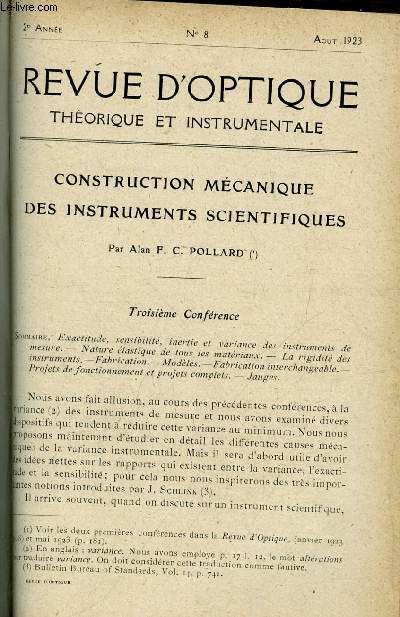 Revue d'optique thorique et instrumentale n 8 - Construction mcanique des instruments scientifiques par Alan F.C. Pollard, Le cinex, Le chromographe