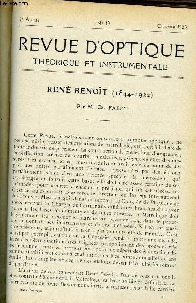 Revue d'optique thorique et instrumentale n 10 - Ren Benoit (1844-1922) par Ch. Fabry, Appareil photographique automatique de prcision pour la prise de vues ariennes