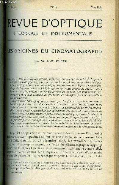 Revue d'optique thorique et instrumentale n 5 - Les origines du cinmatographe par L.P. Clerc, Mthode de dtermination et de mesure des aberrations des systmes optiques par L. Lenouvel, Capillaroscope du docteur A.C. Guillaume, Nouvelle platine mobile